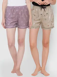 FashionRack Women Purple & Beige Pack of 2 Printed Cotton Lounge Shorts