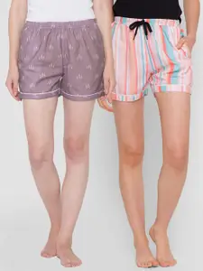 FashionRack Women Purple & Multicoloured 2 Printed Lounge Shorts