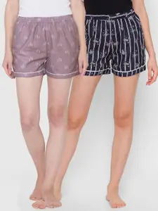 FashionRack Women Purple & Black 2 Printed Lounge Shorts