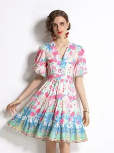JC Collection Women Blue & Pink Floral Fit & Flare Dress