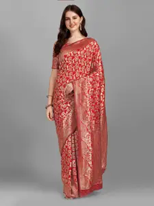 Fashion Basket Red & Gold-Toned Ethnic Motifs Woven Design Zari Saree