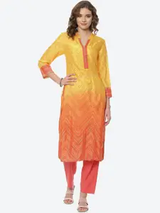 Rangriti Women Mustard Yellow & Orange Chevron Printed Kurta