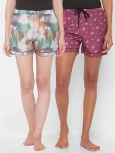 FashionRack Women Beige & Purple 2 Printed Lounge Shorts