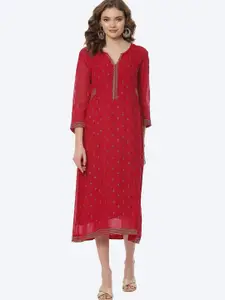 Rangriti Pink Ethnic Motifs A-Line Midi Dress
