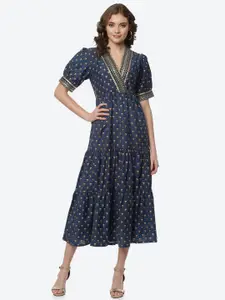 Rangriti Blue & Gold-Toned Ethnic A-Line Midi Dress
