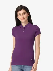 Vami Women Purple Polo Collar Short Sleeves T-shirt