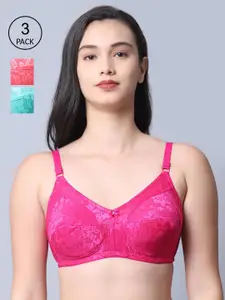 GRACIT Women Pink & Blue Set Of 3 Self Design Nylon With Net Bra