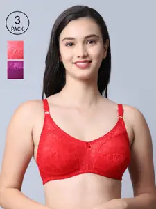 GRACIT Women Red & Peach Set Of 3 Self Design Nylon With Net Bra