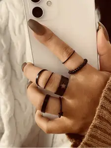 Shining Diva Fashion Women Set Of 7 Black Enamelled Boho Style Midi Finger Rings