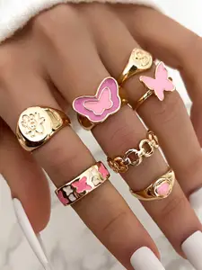 Shining Diva Fashion Set Of 7 Gold-Plated & Pink Enamelled Finger Ring