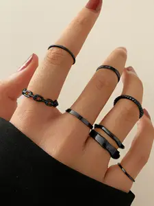 Shining Diva Fashion Women Set Of 7 Black Enamelled Boho Style Midi Finger Rings