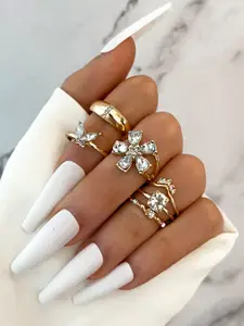 Shining Diva Fashion Set Of 6 Gold-Plated & White CZ-Studded Boho Midi Finger Rings