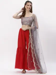 studio rasa Red & Grey Embroidered Sequinned Ready to Wear Lehenga & Blouse With Dupatta