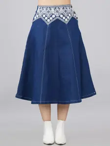 SUMAVI-FASHION Women Blue Solid Embroidered Knee-Length Skirt