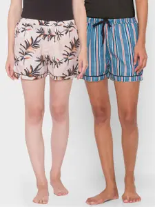 FashionRack Women Beige & Blue Set of  2 Printed Lounge Shorts