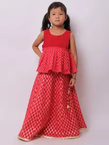 My Little Lambs Girls Red & Gold-Toned Ready to Wear Lehenga &
