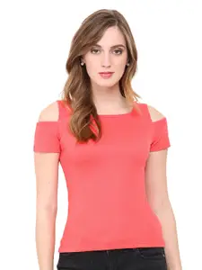 LE BOURGEOIS Women Pink Solid Slim Fit Cold Shoulder Sleeve Top