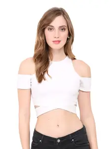 LE BOURGEOIS White Cold-Shoulder Sleeves Crop Top
