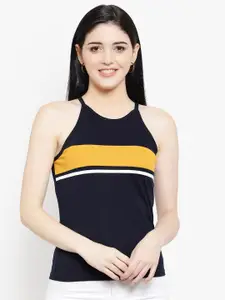 LE BOURGEOIS Women Navy Blue Striped Halter Neck Top