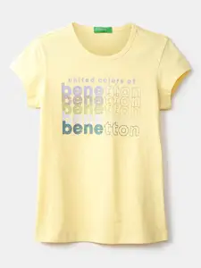 United Colors of Benetton Girls Yellow Brand Logo Printed T-shirt