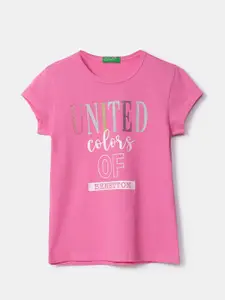 United Colors of Benetton Girls Pink Typography Printed Applique T-shirt