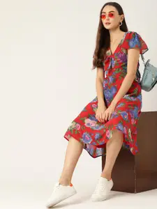 4WRD by Dressberry Red & Green Floral A-Line Midi Dress