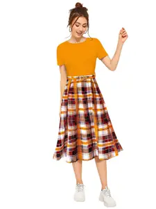 LONDON BELLY Yellow Checked Fit & Flare  Midi Dress