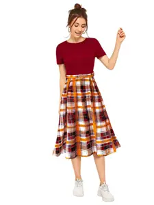 LONDON BELLY Maroon Checked  Fit & Flare Midi Dress