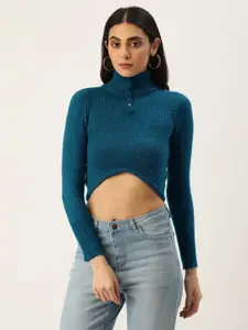 FOREVER 21 Women Teal Blue Self-Design Turtle-Neck Crop Pullover Sweater