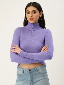 FOREVER 21 Women Lavender Self-Design Turtle-Neck Crop Pullover Sweater