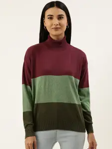 FOREVER 21 Women Maroon & Green Colourblocked Colourblocked Pullover