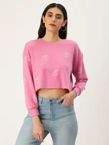 FOREVER 21 Women Pink Geometric Printed Cropped Round neck Sweatshirt