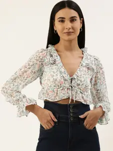 FOREVER 21 White & Grey Floral Print Ruffles Empire Crop Top