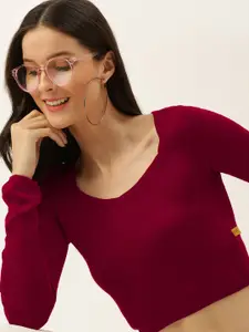 FOREVER 21 Women Red Solid Crop Pullover Sweater