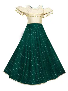 White World Green & Beige Satin Embellished Maxi Dress