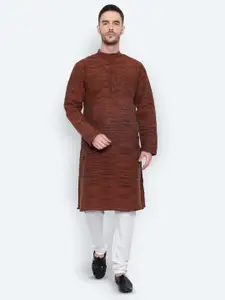 Latest Chikan Garments Men Brown Striped Thread Work Kurta