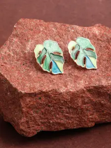 SOHI Green & Blue Gold-Plated Leaf Shaped Studs Earrings