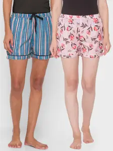 FashionRack Women Pink & Blue 2 Printed Lounge Shorts