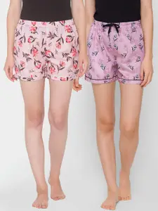 FashionRack Women Pink & Purple Pack Of 2 Printed Lounge Shorts