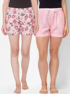 FashionRack Women Pink & Peach-Coloured 2 Printed Lounge Shorts