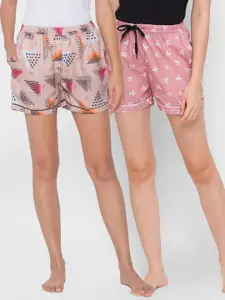 FashionRack Women Beige & Brown 2 Printed Lounge Shorts