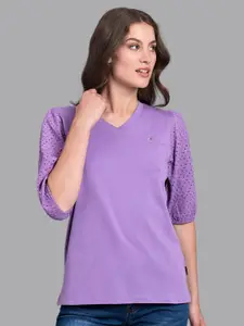 Beverly Hills Polo Club Women Purple Solid Schiffli Sleeves T-shirt