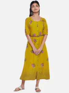 AKKRITI BY PANTALOONS Mustard Yellow Floral Midi Dress