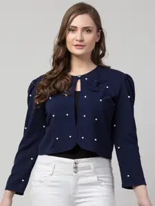 IUGA Women Blue & White Embellished Crop Button Shrug