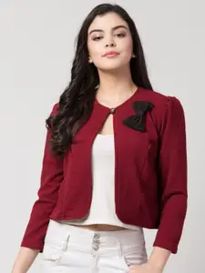 IUGA Women Maroon Soild & Black Bow Crop Shrug