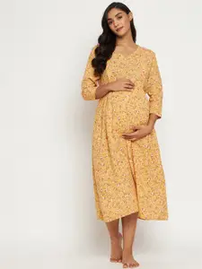Hypernation Women Yellow Printed Maternity Nightdress