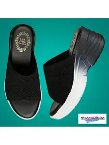 madam glorious Black Textured Block Peep Toes Heel