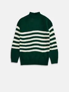 Pantaloons Junior Boys Olive Green & White Striped Acrylic Pullover