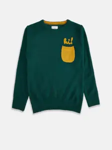 Pantaloons Junior Boys Teal & Yellow Acrylic Pullover with Embroidered Detail