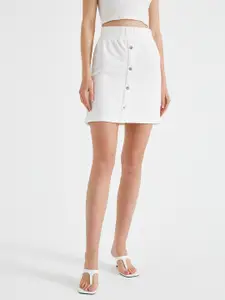 Koton Women White Solid Straight Mini Skirt with Button Detail